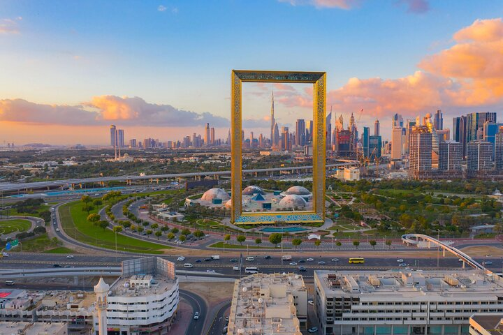 Experience breathtaking views from the Dubai Frame where modern architecture meets history. Walk the glass bridge for unmatched panoramas of the cityscape and vibrant allure of Dubai.